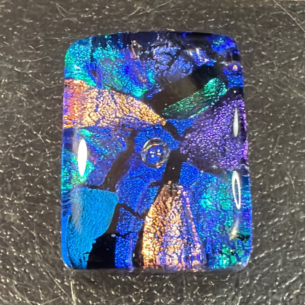 Artisan Dichroic Fused Art Glass Brooch Scarf Slide Blue Iridescent Rectangle